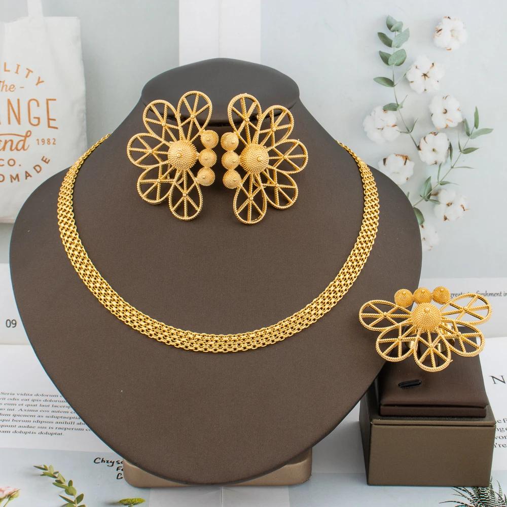 Luxo artesanal grandes brincos anel conjunto banhado dubai corrente jóias de casamento acessório nupcial árabe turkis brincos feminino