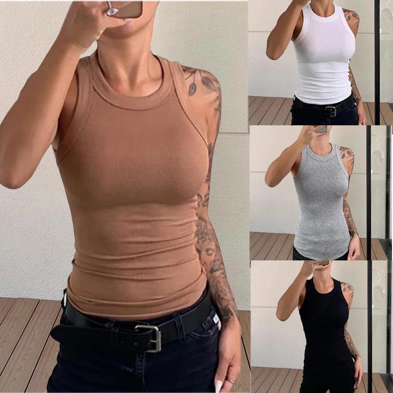 Mulheres sólido o pescoço com nervuras regata verão básico elástico camisas de tanque camisola chique moda sem mangas undershirt pulôver topos
