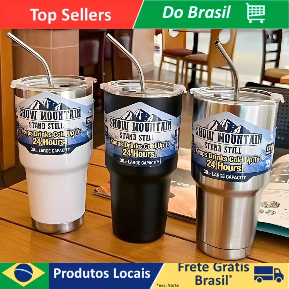 Copo Térmico Camada Dupla Aço Inoxidável Magic Mountain 990ml Com Canudo