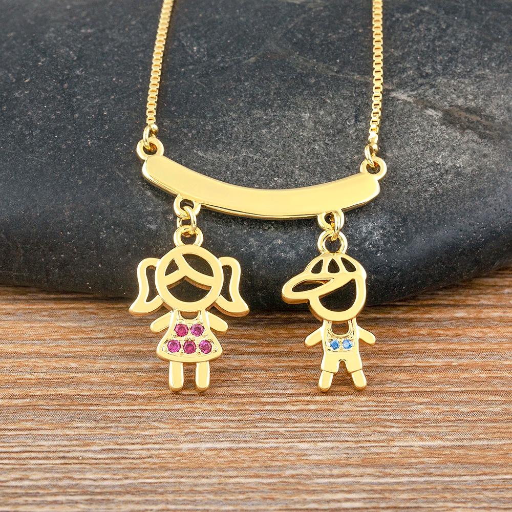 Aibef menina e menino strass pingente feminino cobre zircão banhado a ouro colar jóias família filha & filho mãe presente de aniversário