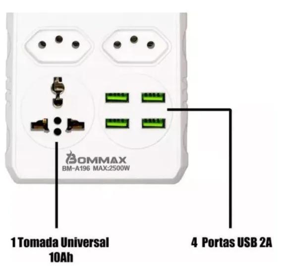 Régua Filtro de Linha com 7 Tomadas Extensão Elétrica 1 Universal 4 USB Bivolt 2 Metros Seguro e confiável - Neverdie Store