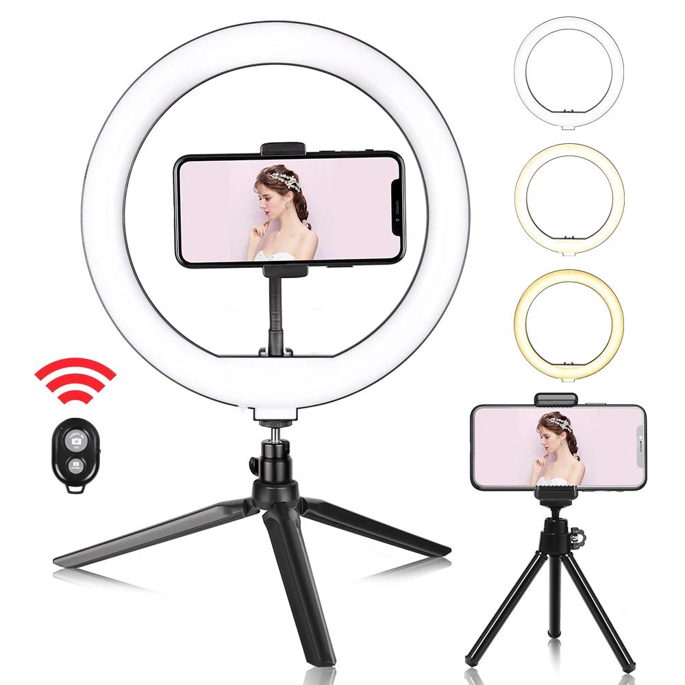 LED Video Ring Light com Tripé de Mesa, Mini Lâmpada para Selfie, YouTube, Telefone, Live Photo, Estúdio de Fotografia, 10in