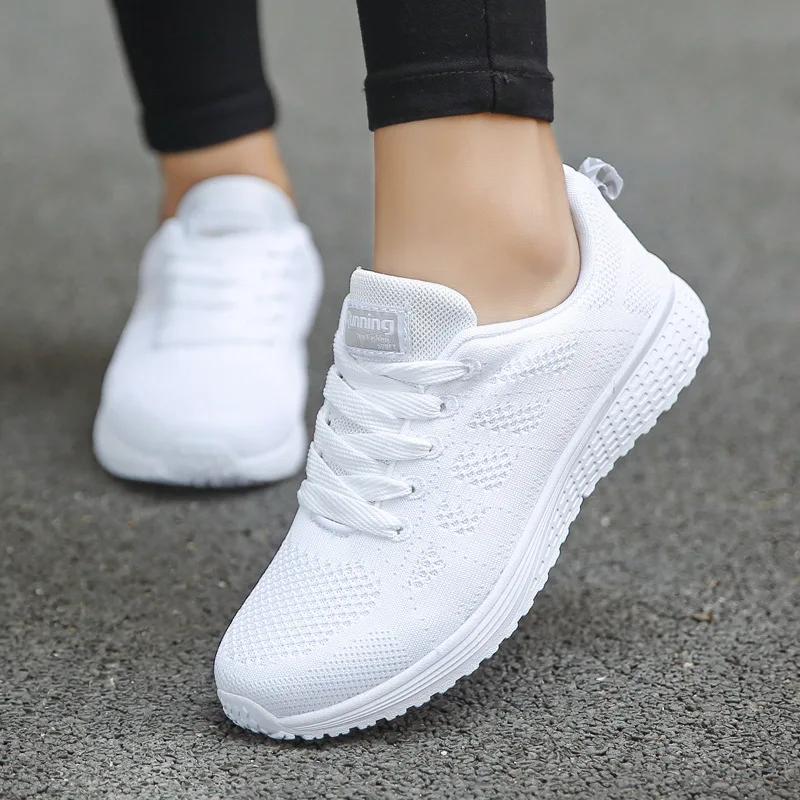 Mulheres sapatos casuais moda respirável andando malha sapatos planos mulher tênis branco 2024 tenis feminino sapatos femininos