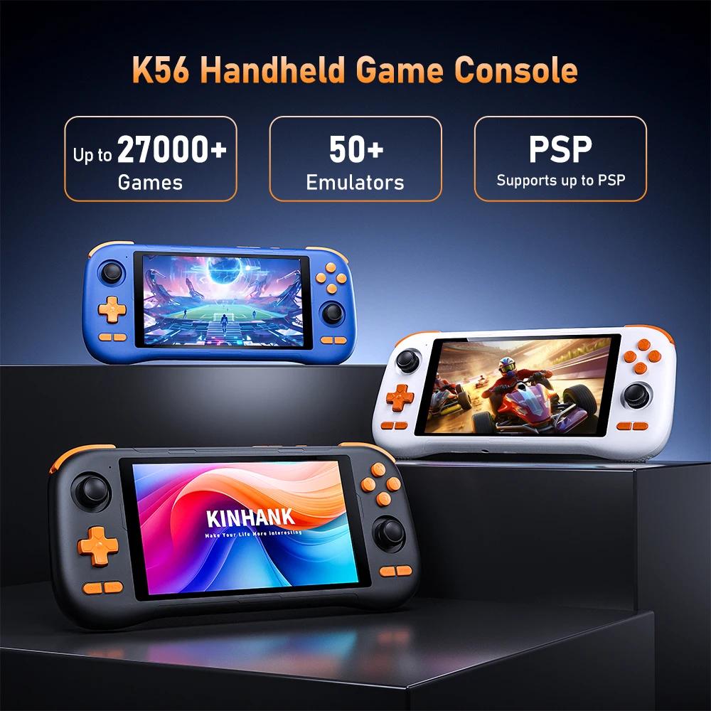 KINHANK K56 Console de jogos portátil com tela sensível ao toque de 5,5 polegadas 50 emuladores para PS1/PSP/DC/SS Android 14 5000mAh WIFI5 Retro Game Player