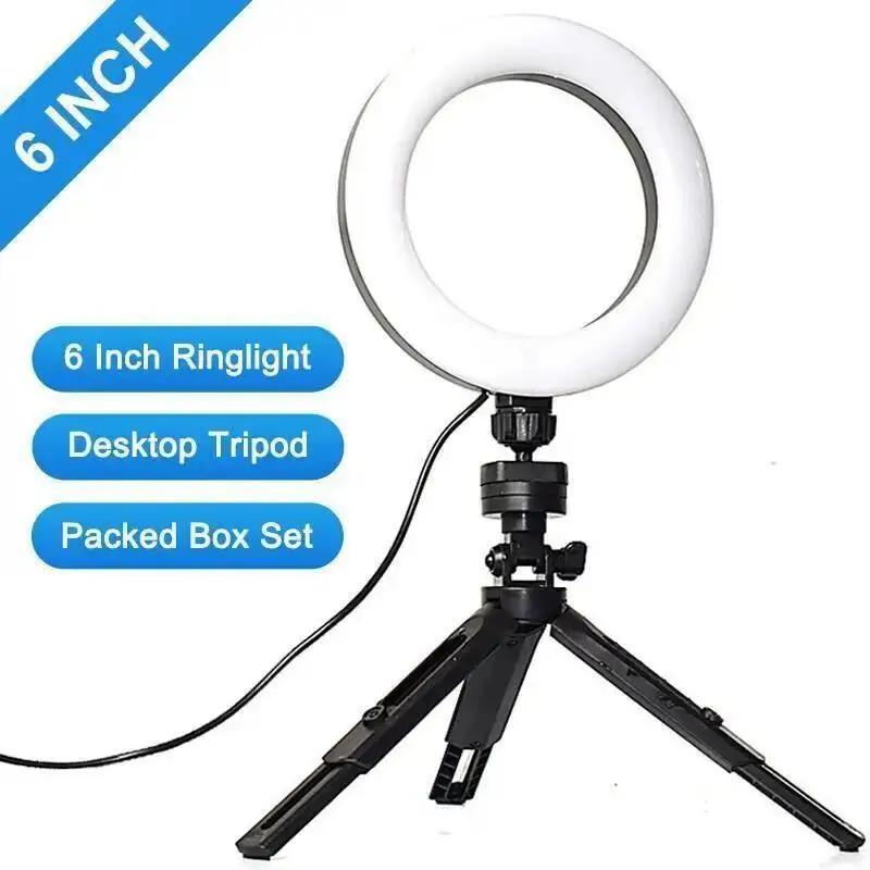 LED Ring Selfie Light com tripé, plug USB, iluminação de fotografia regulável, tiroteio por telefone, vídeo, YouTube, Vlog Set, 6"