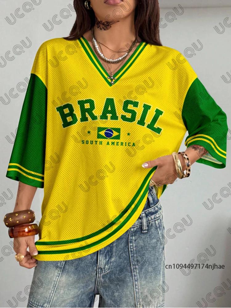 Camiseta Feminina Vintage com Estampa do Brasil, Decote em V, Manga Curta, Estilo Esportivo, Camiseta de Futebol Y2K, Tops Soltos e Oversized