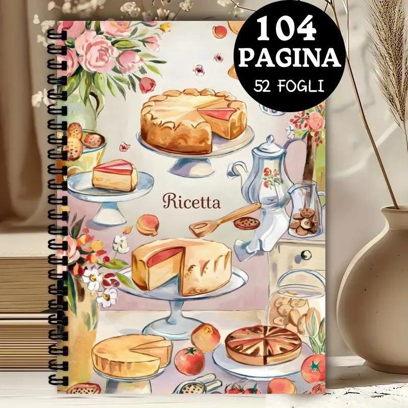 Livro de receitas de encadernação em espiral italiana, guia culinário de língua italiana, florais rosa, utensílios de cozinha, talheres e pastelaria estilo artístico