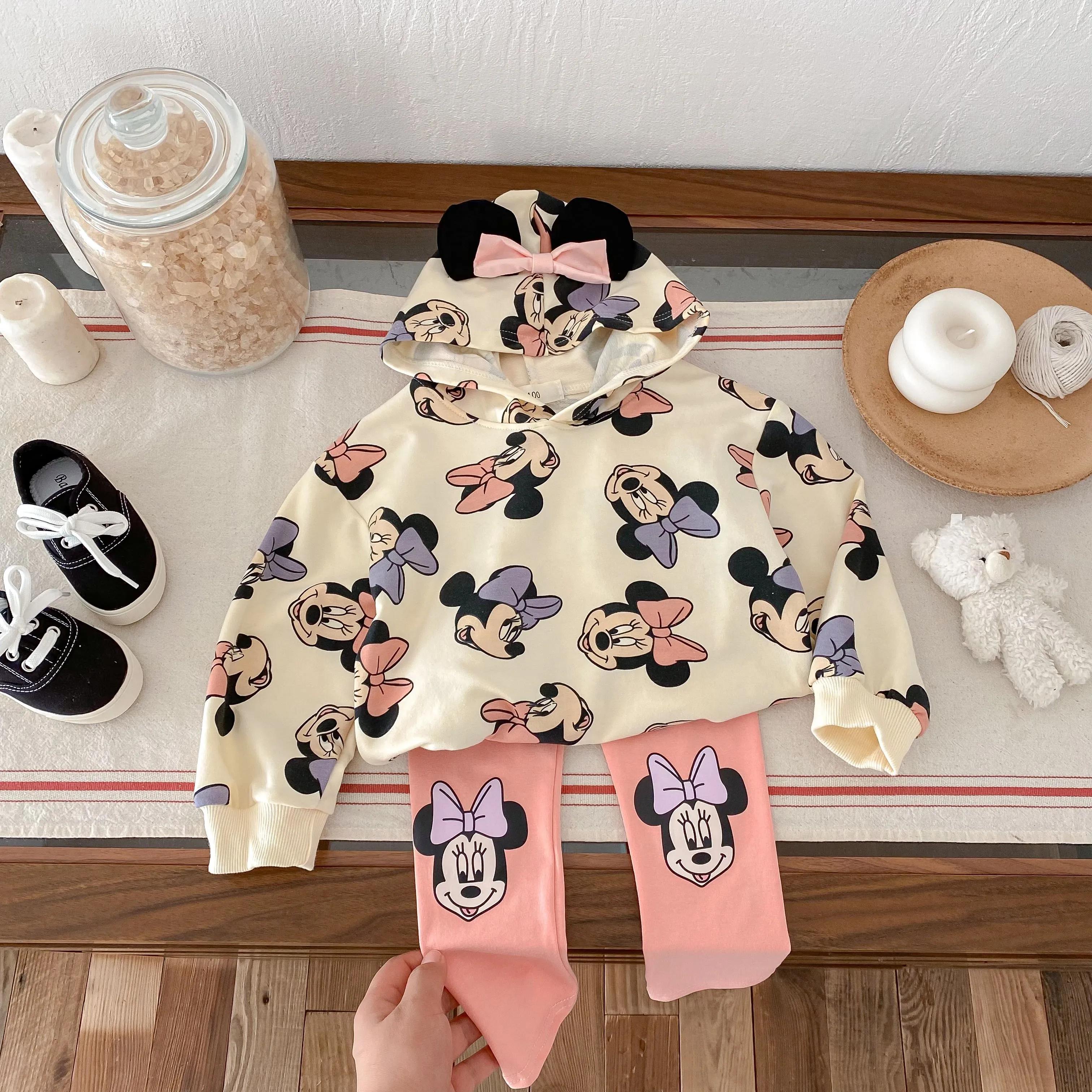 Bonito minnie hoodies terno para roupas da menina outono solto moda popular crianças manga longa fatos de treino topos calças 1 2 3 4 5y