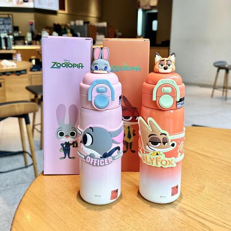 500ml disney zootopia nick judy hopps garrafa térmica multi funcional dupla-beber copo de palha ponto lotso anime periféricos presentes divertidos