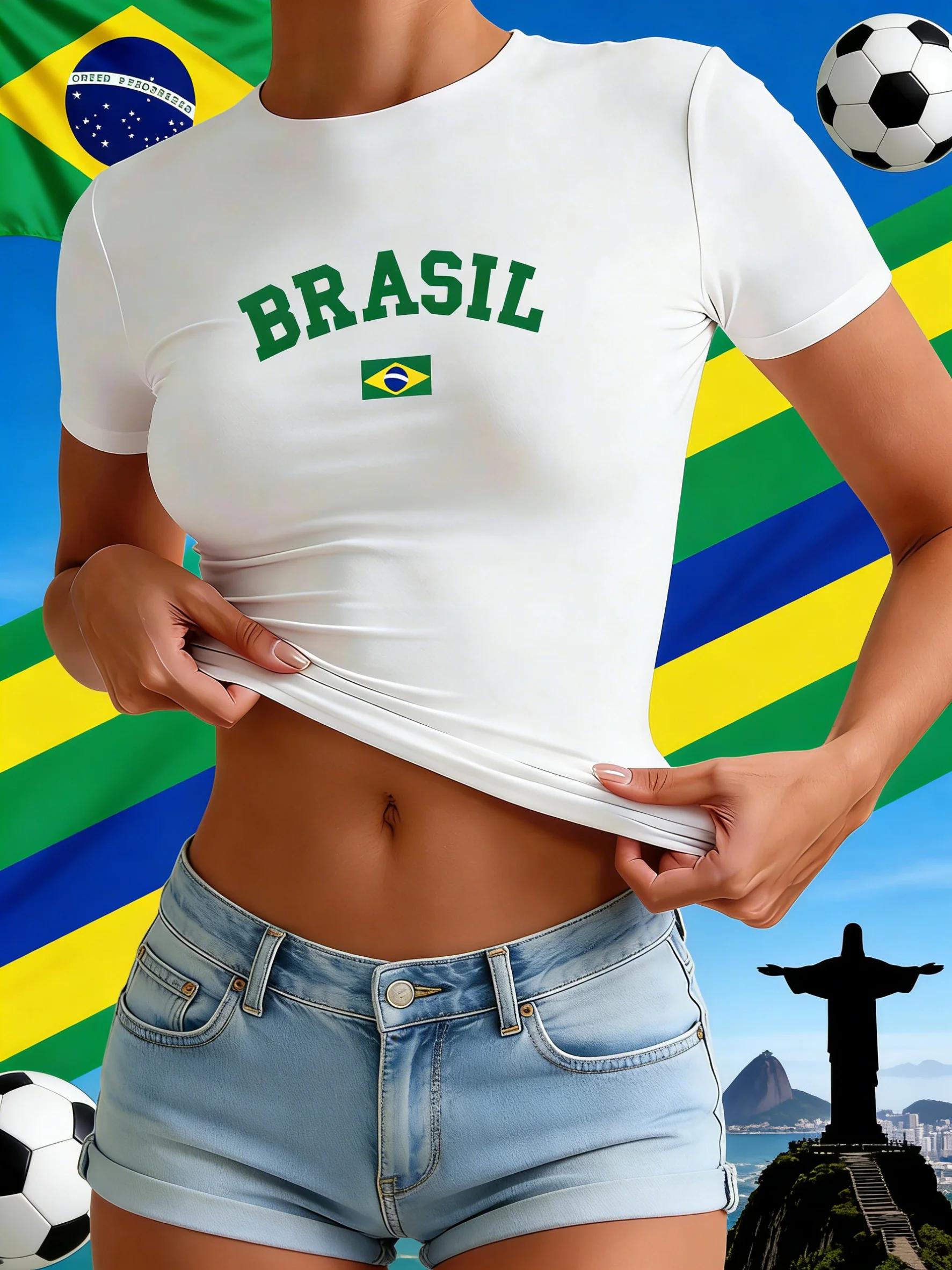 Camiseta Simples com a Bandeira do Brasil, Camisetas Femininas Y2K, T-Shirt Casual Hip Hop, Camiseta Slim de Manga Curta para o Verão, O-neck Feminina Streetwear