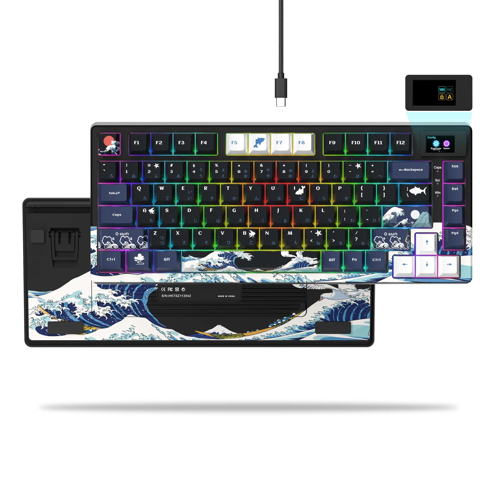 Teclado mecânico para jogos com fio, com display oled, chave completa, pudim permutável, teclado retroiluminado rgb para pc, computador, laptop