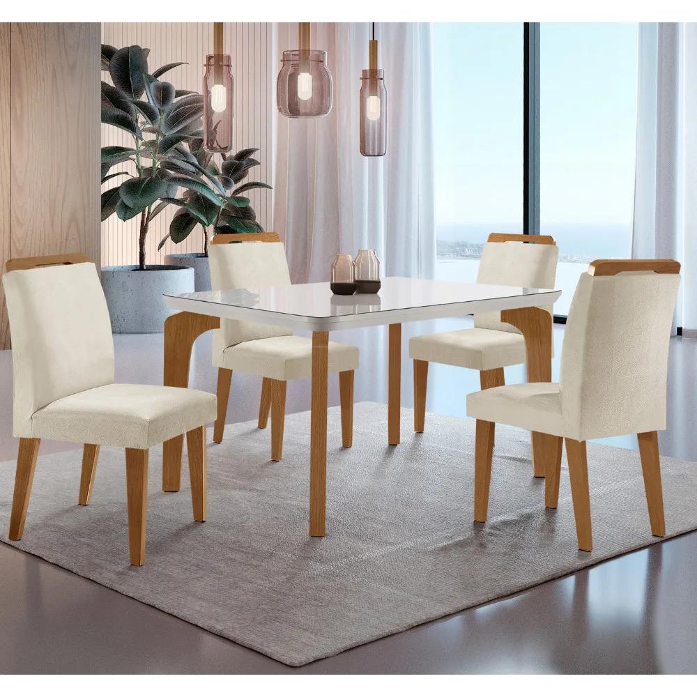 Conjunto Sala de Jantar Mesa Liz 120cm com Vidro Canto Copo e 4 Cadeiras Athenas Moderna