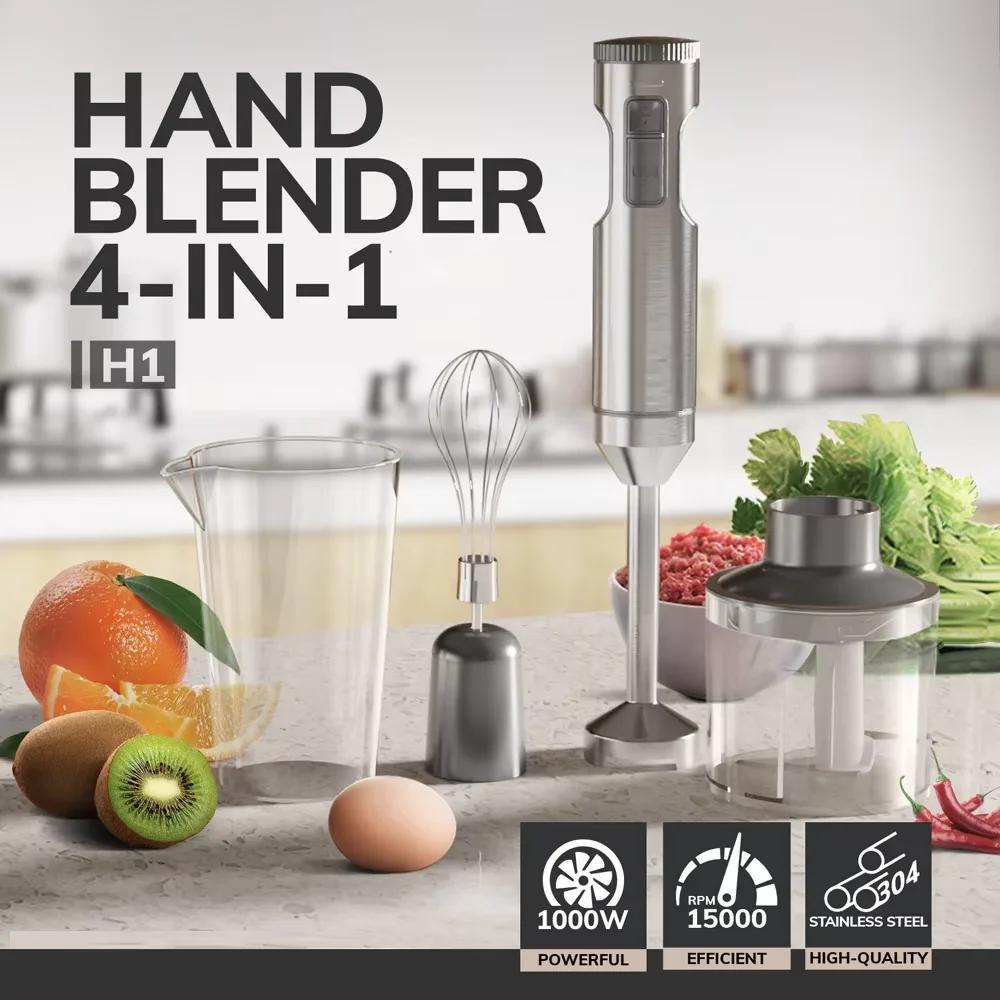 Liquidificador de Imersão Potente 4 em 1, Mixer de Alimentos em Aço Inoxidável, Copo de Mistura de 700ml, Processador de 500ml, Batedor
