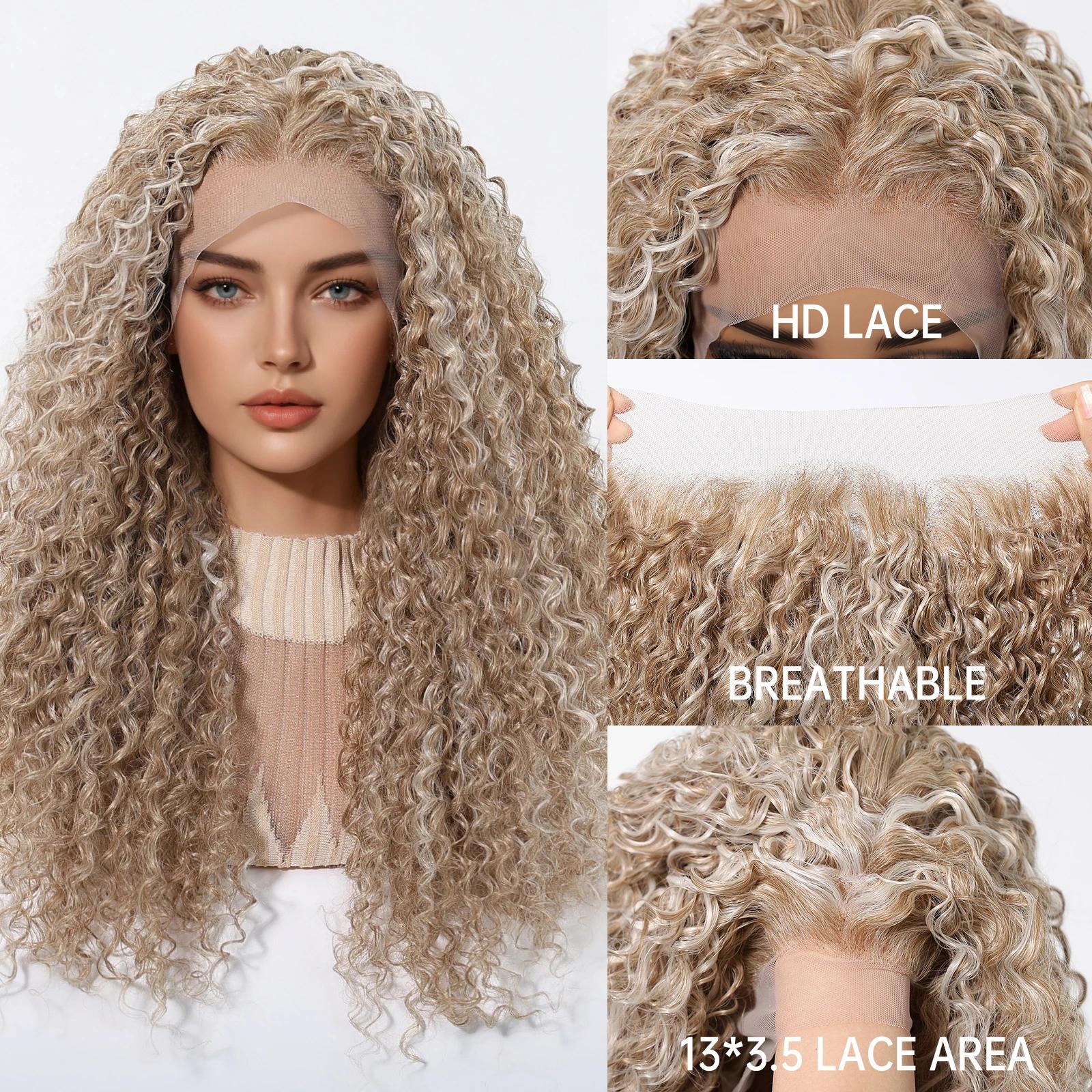 Peruca Loira HD 13x3.5 com Renda Frontal, Cabelo Sintético Cacheado Profundo, Renda Invisível Pré-Alongada, Peruca Sem Cola para Mulheres