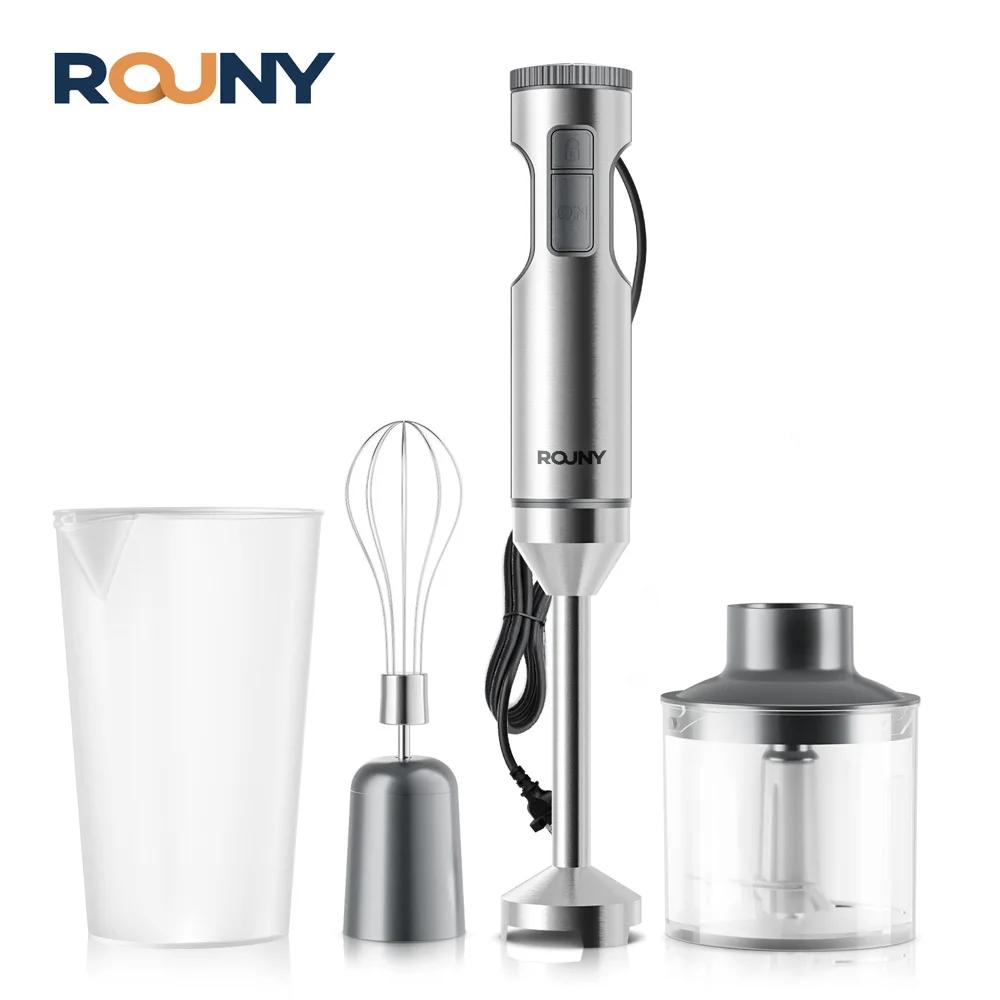 Liquidificador de imersão manual ROUNY 4 em 1, 1000 W, poderoso misturador de alimentos em bastão de aço inoxidável, copo de mistura de 700 ml, processador de 500 ml, batedor