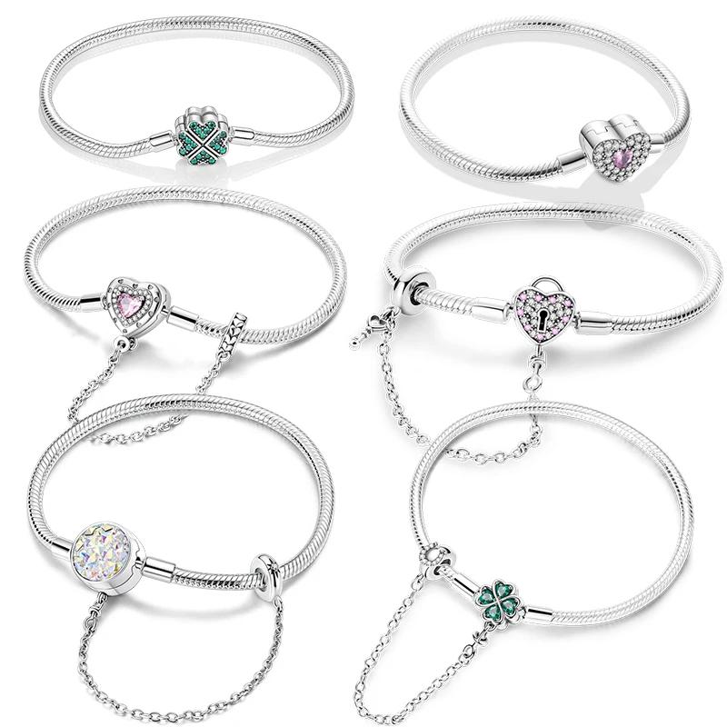 Original 925 pulseira de prata original trevo coração cobra corrente pulseiras caber encantos contas jóias presente diy para mulher casamento