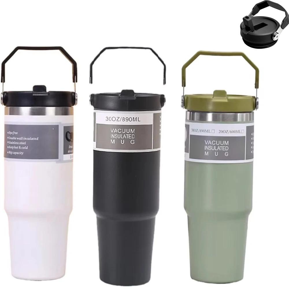 Caneca térmica de aço inoxidável de 30 onças, material tritan, alça de fita de isolamento a vácuo de camada dupla, perfeita para bebidas geladas e quentes
