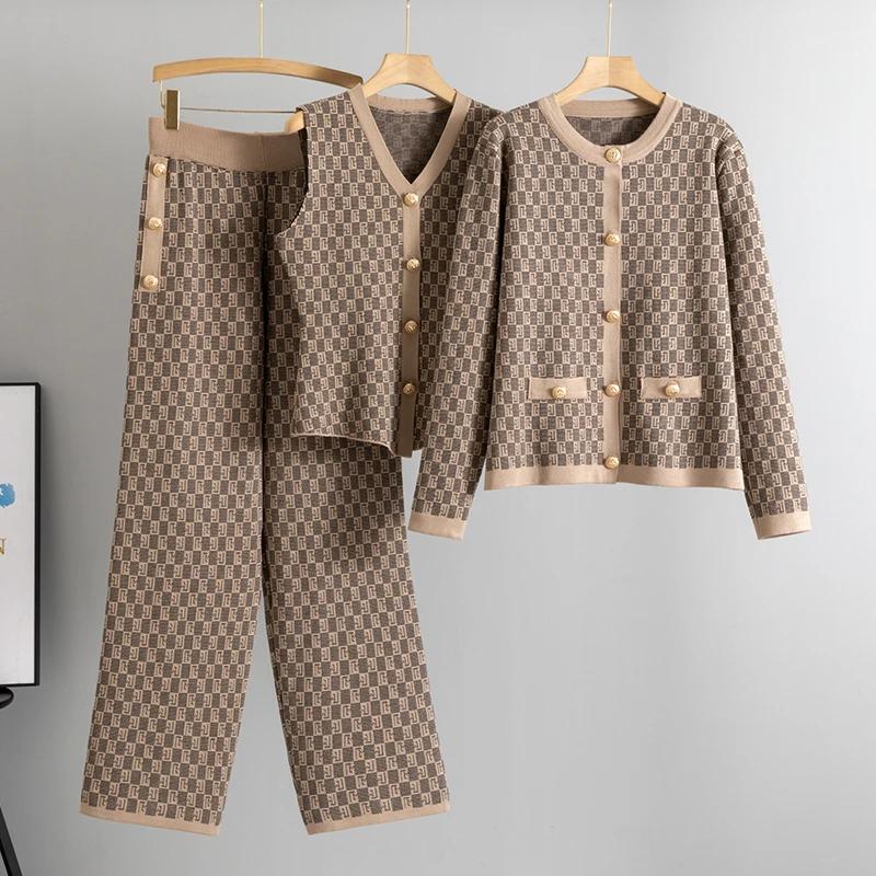 Conjuntos de 3 peças de malha elegante feminino manga longa camisola casaco único breasted malha colete calças 2025 novo