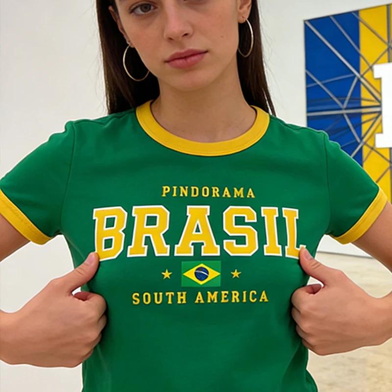 Camiseta Retro Harajuku Knit 2026 para Mulheres, Moda de Rua, Estampa de Letras Verde Brasil, Top Cropped Casual Slim de Manga Curta, Roupas Y2K