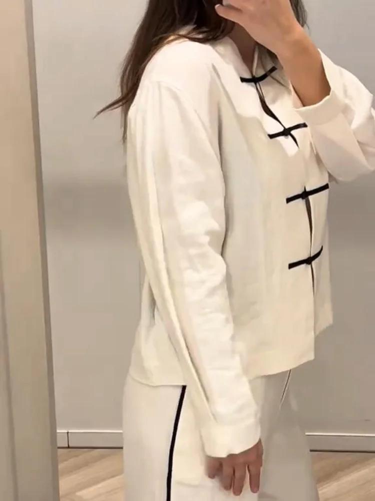 Conjunto Feminino de Calças de Linho Vintage com Blusa de Botões e Calças de Perna Larga - Roupa Casual Elegante para Escritório Primavera Verão