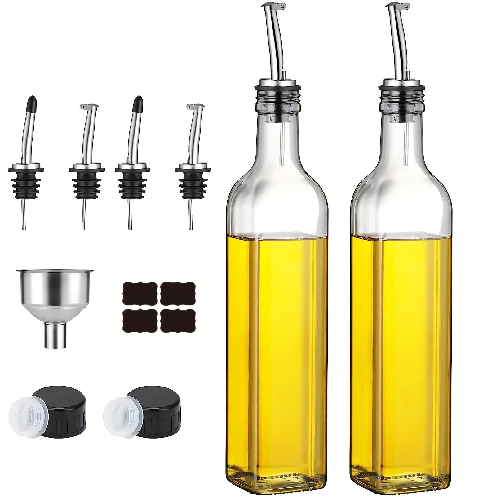 Glass Oil Dispenser Garrafa com Funil, Pote de óleo à prova de vazamento, Pote de óleo com adesivos, Garrafa de tempero, 2pcs