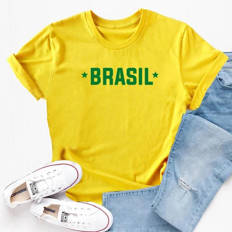 T-shirt de manga curta para homens e mulheres, letra brasileira estampada, feita de algodão, roupas estéticas