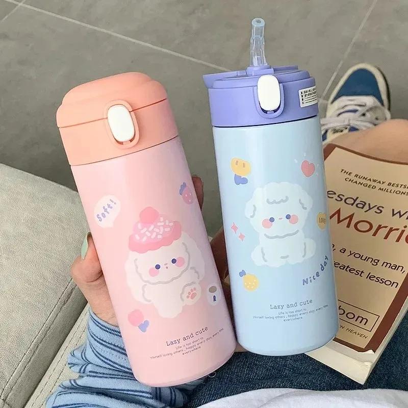 380ml garrafa térmica de aço inoxidável garrafa de vácuo bonito dos desenhos animados térmica saltando garrafa de água isolada copos de palha copo drinkware