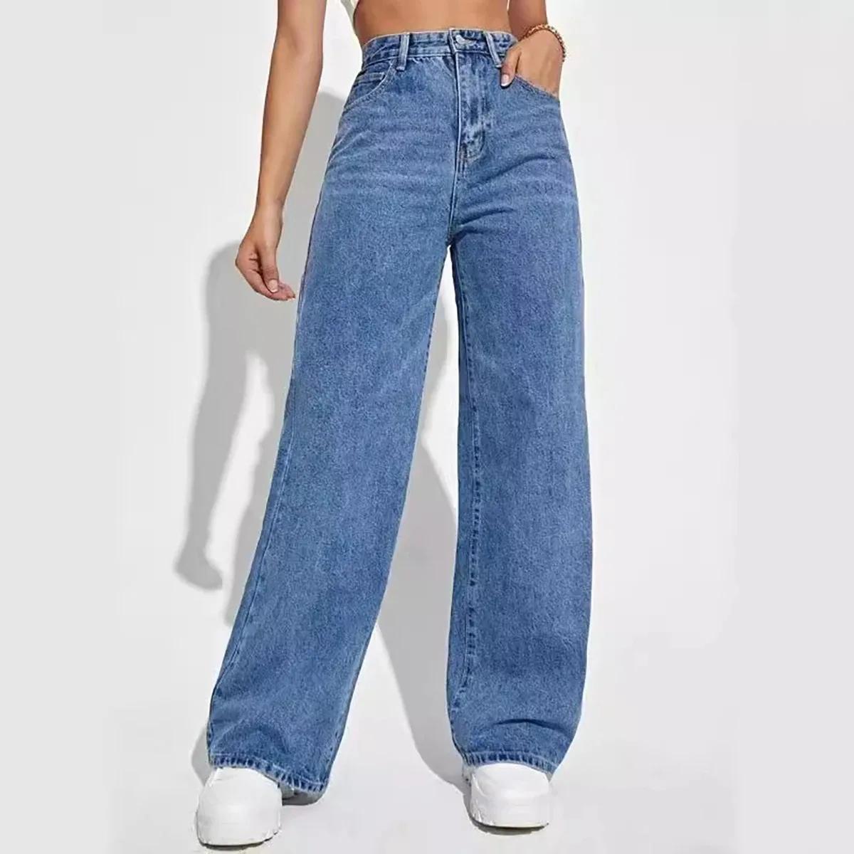 Moda retro azul jeans feminino y2k high street baggy calças retas cintura alta tudo-em-um calças finas