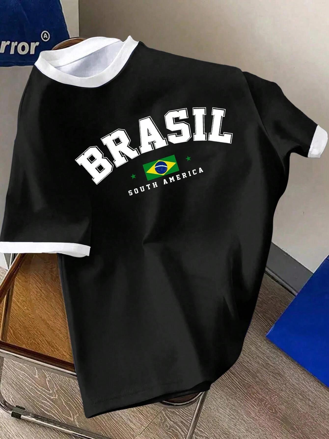 Casual minimalista brasil gráfico contraste guarnição em torno do pescoço manga curta solta oversized camiseta feminina verão topo