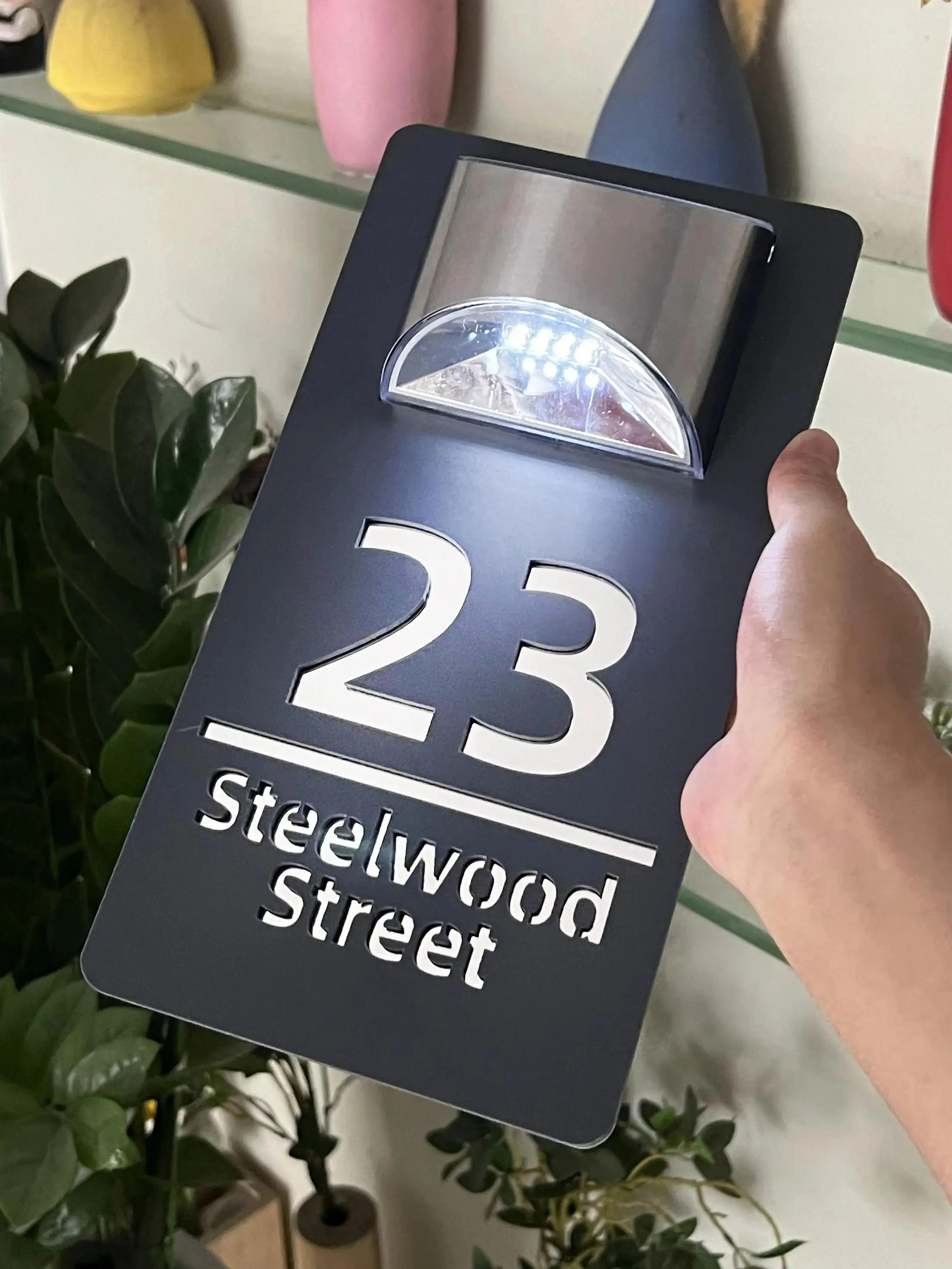 Luzes exteriores personalizadas sinal de número de casa led sinal de casa solar personalizado 3d corte a laser rua nome da família sinal de porta