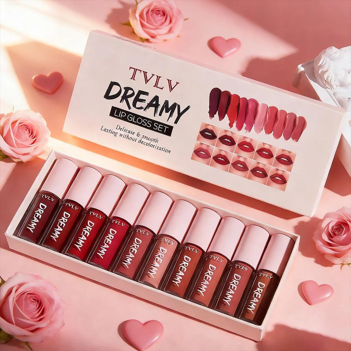 Conjunto de 10 Peças de Brilho Labial e Batom Aveludado: Brilho Labial à Prova d'Água e de Longa Duração, Conjunto Hidratante para Mulheres, Presente para o Dia dos Namorados