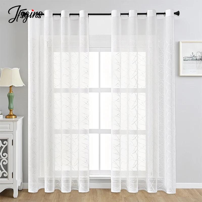 Branco sala de estar tule sheer cortinas para janelas geométrica voile cortina para varanda sólida cortinas decoração casa personalizar