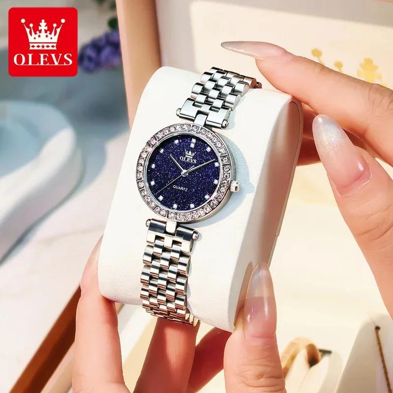 Olevs 3641 elegante relógio de quartzo feminino à prova d'água luminoso mostrador estrelado de aço inoxidável com caixa de presente - acessório de moda feminina