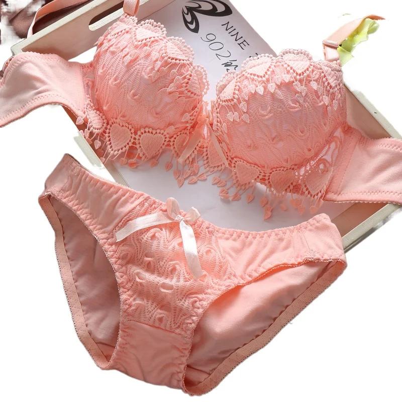 Conjunto de roupa interior floral para mulheres, sutiã e calcinha push up, sutiã sem fio, lingerie sexy feminina, cuecas japonesas, coração de pêssego