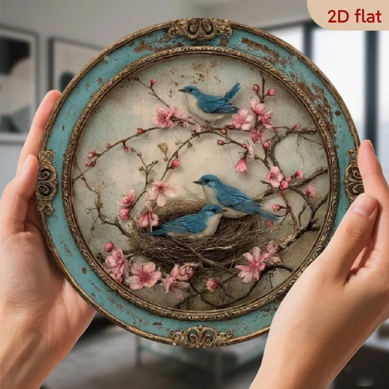 Placa de Arte de Parede Redonda em Metal 2D, com Pássaros Azuis Vintage e Ninho de Pássaro - 8x8 Polegadas, Decoração Interna/Externa, Ninho de Alumínio Durável