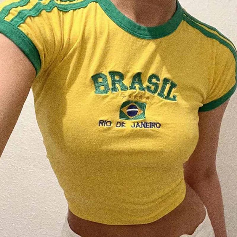 Camiseta e shorts estéticos femininos com estampa de letras BRASIL, camisetas vintage grunge de manga curta para bebês, top curto de verão, roupas Y2k