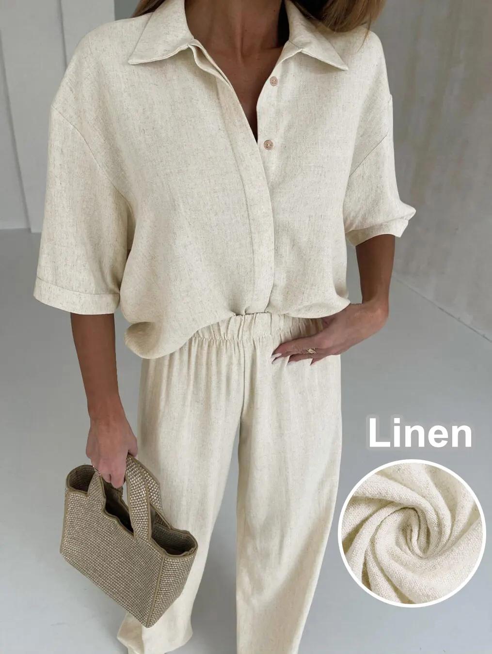 Conjunto feminino de camisa de meia manga de linho e calças compridas, ajuste relaxado e estilo casual para conforto diário