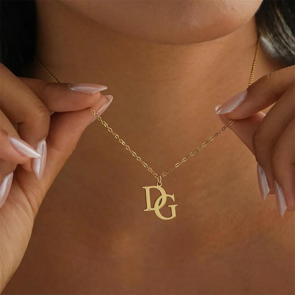 Tangula colares iniciais personalizados para mulheres, gargantilha com pingente de duas letras de aço inoxidável, joias para aniversário, presentes