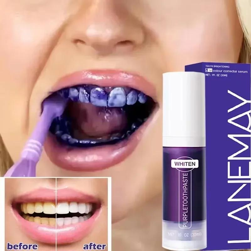 V34 roxo dentes branqueamento creme dental remover manchas de placa limpeza higiene oral ferramentas de lixívia dental respiração fresca beleza saúde