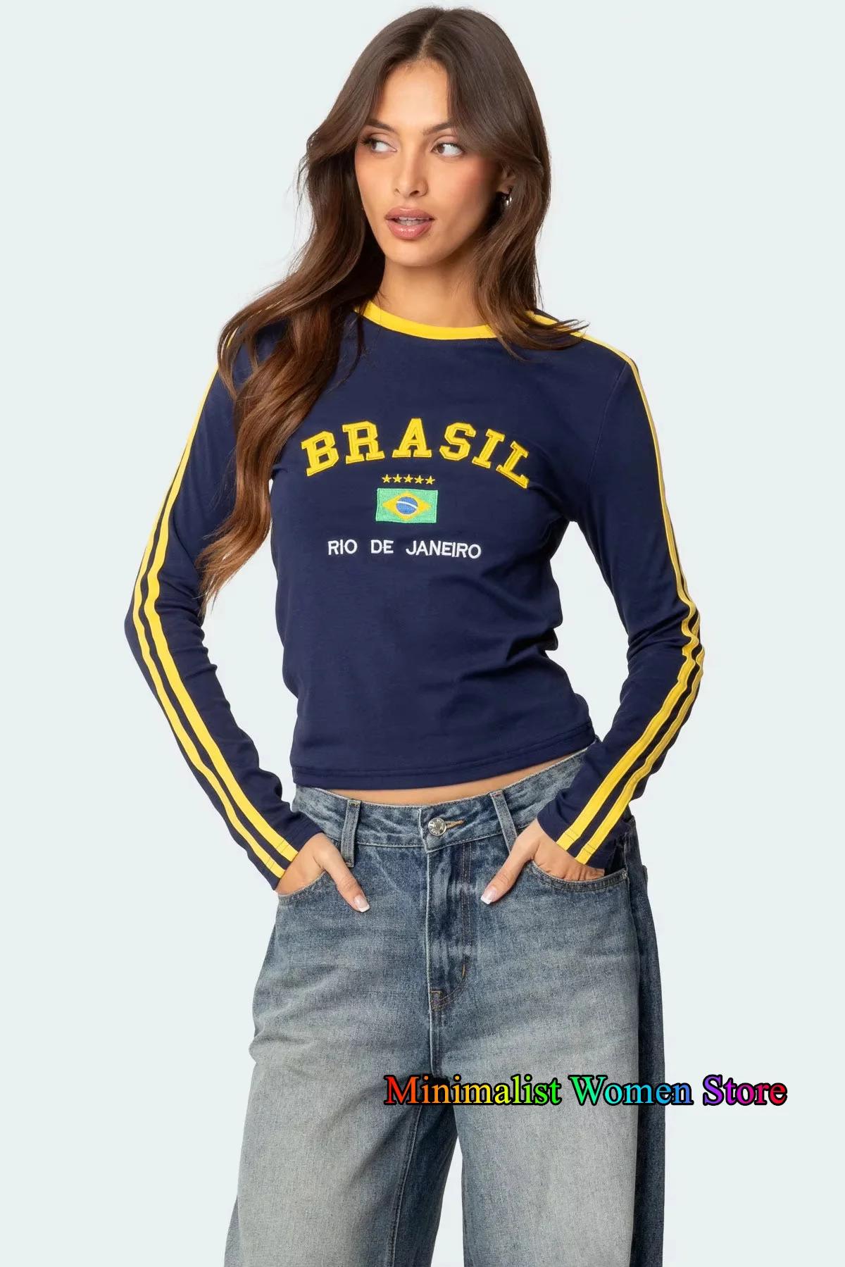 2025 nova chegada brasil carta impressa feminina estética vintage manga longa camiseta streetwear camisa de futebol y2k topos de grandes dimensões