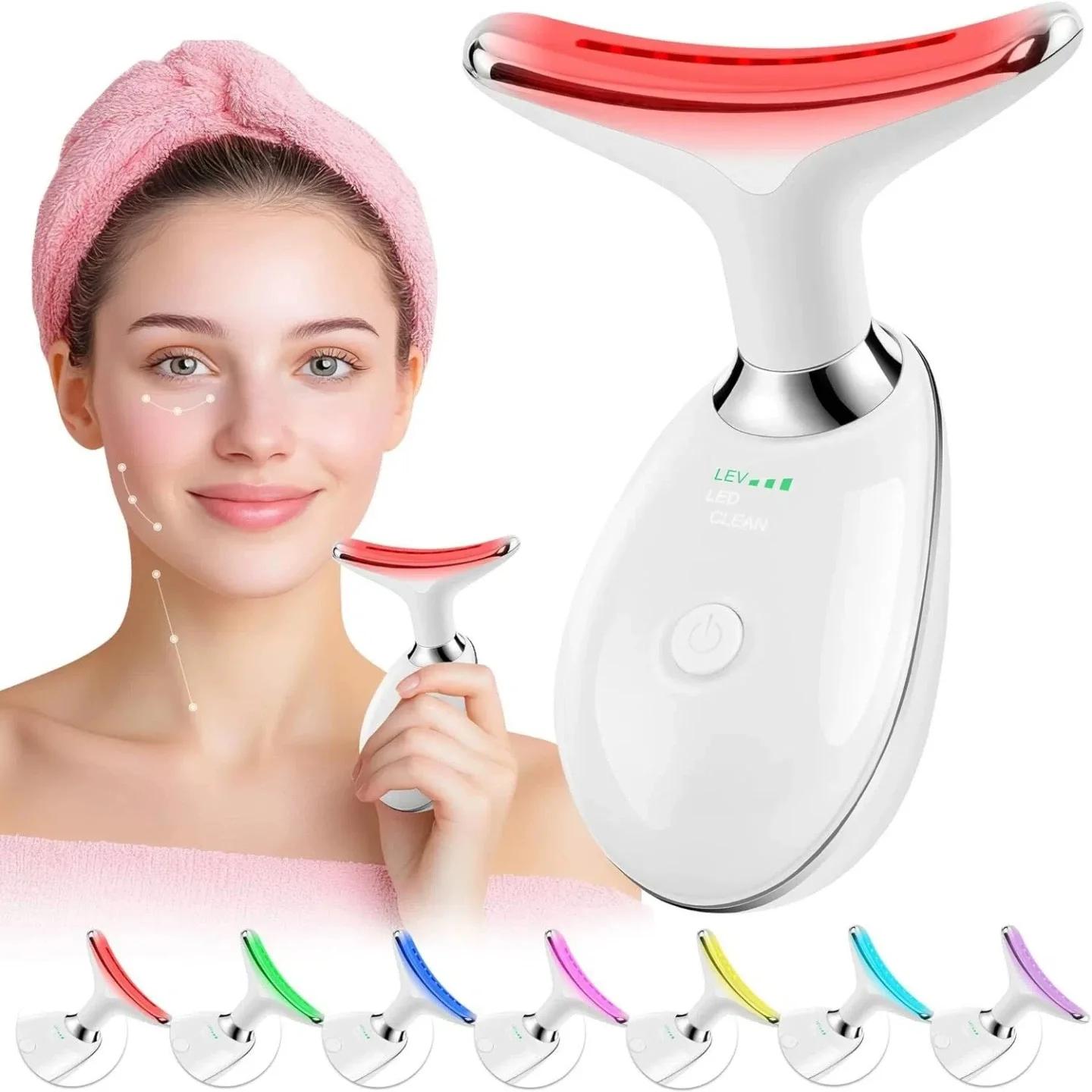 7 cores luzes led rosto pescoço dispositivo de beleza vibração massagem melhorar linhas do pescoço máquina de levantamento facial para rugas, queixo duplo2