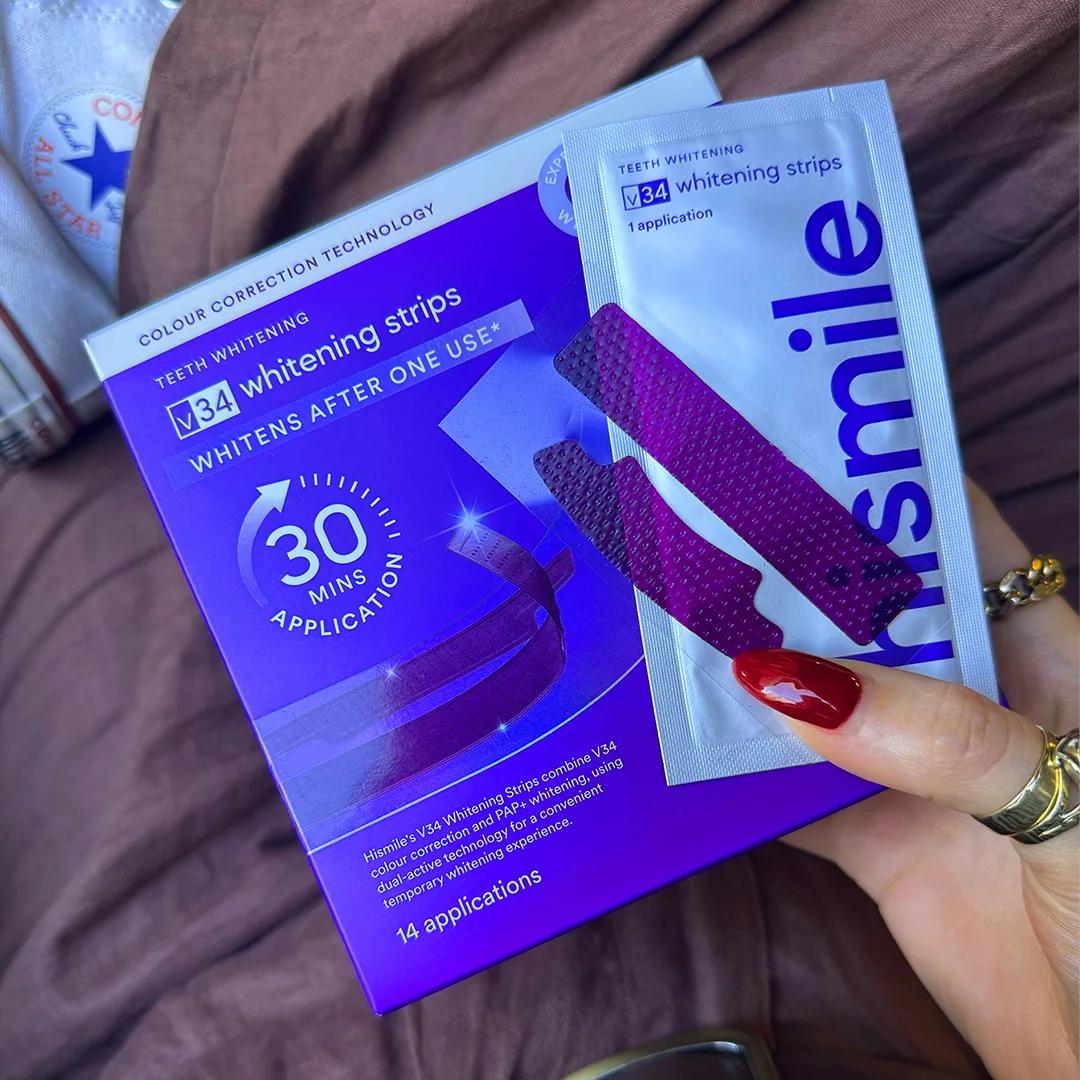 Hismile v34 tiras de clareamento dental marca original remover amarelo boca limpa cuidados dentários clareia após um uso remendo de dentes roxos