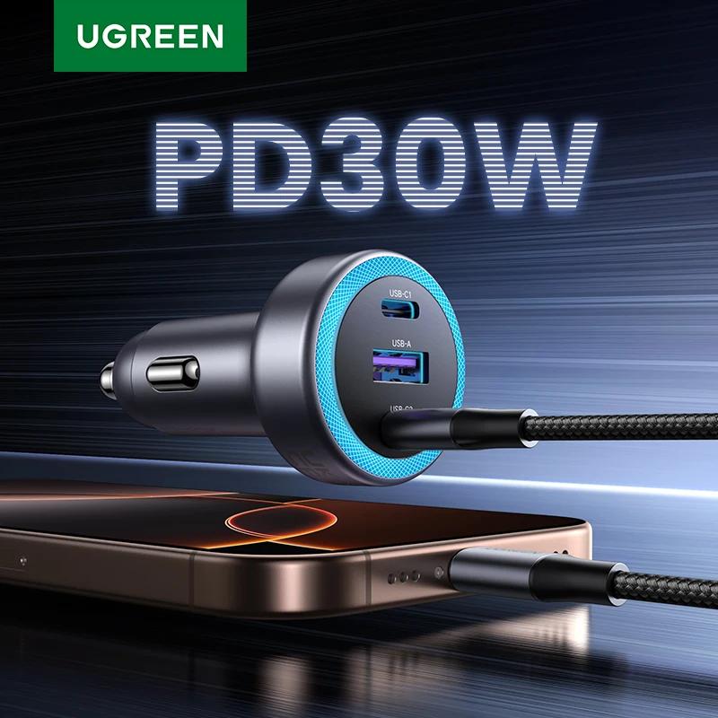 Carregador de carro UGREEN PD30W USB C Carregador rápido para iPhone 17 16 15 Carregamento rápido para celular Carregador de carro USB C