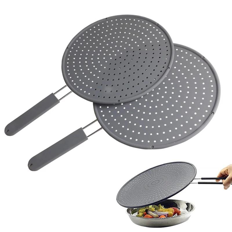 Tela de respingos de cozinha de silicone com alça, resistente ao calor, proteção contra respingos de óleo, placa de drenagem, tampa de frigideira de cozinha