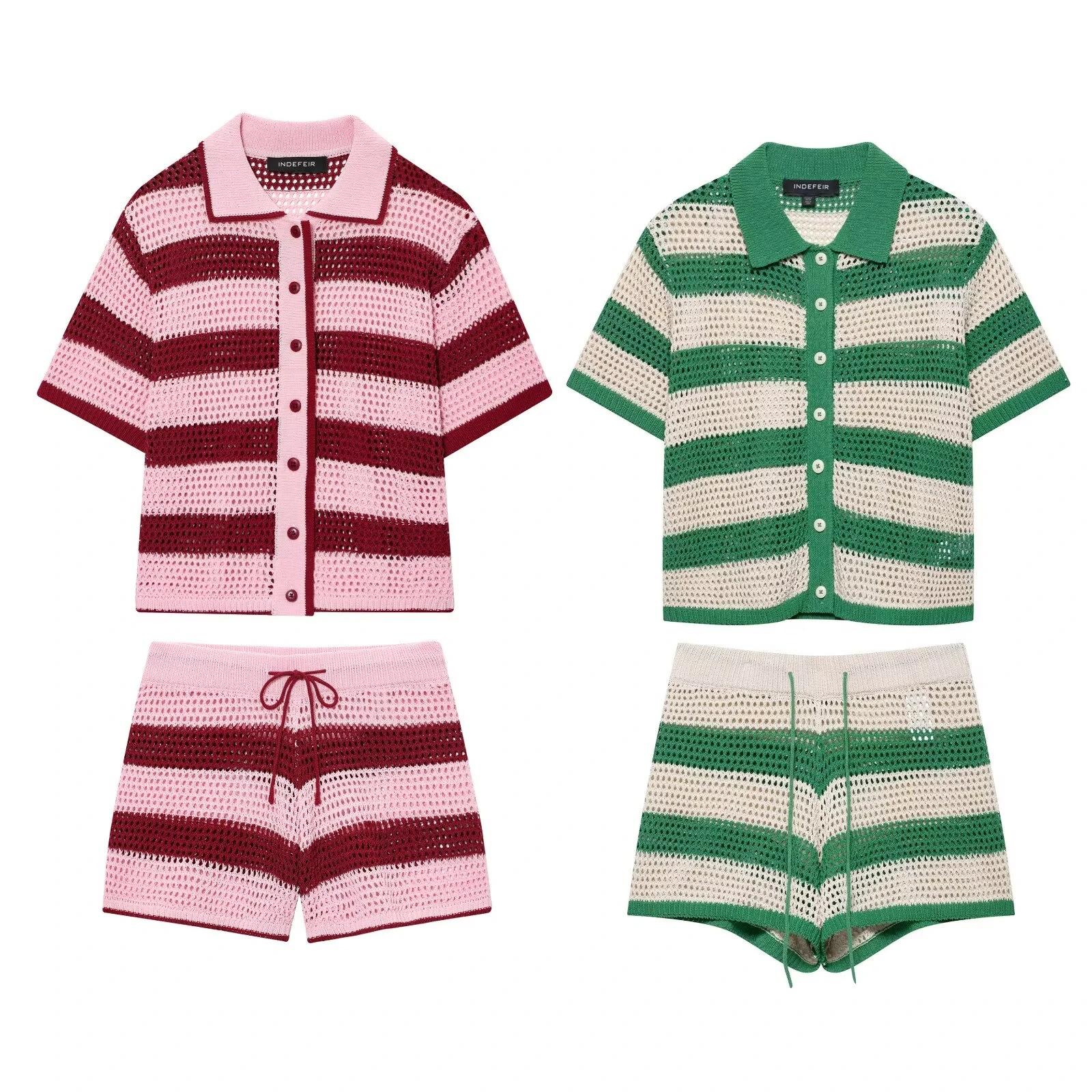 Mulheres conjunto de malha shorts conjunto feminino único breasted camisa manga curta listrado mini shorts verão férias praia senhora terno