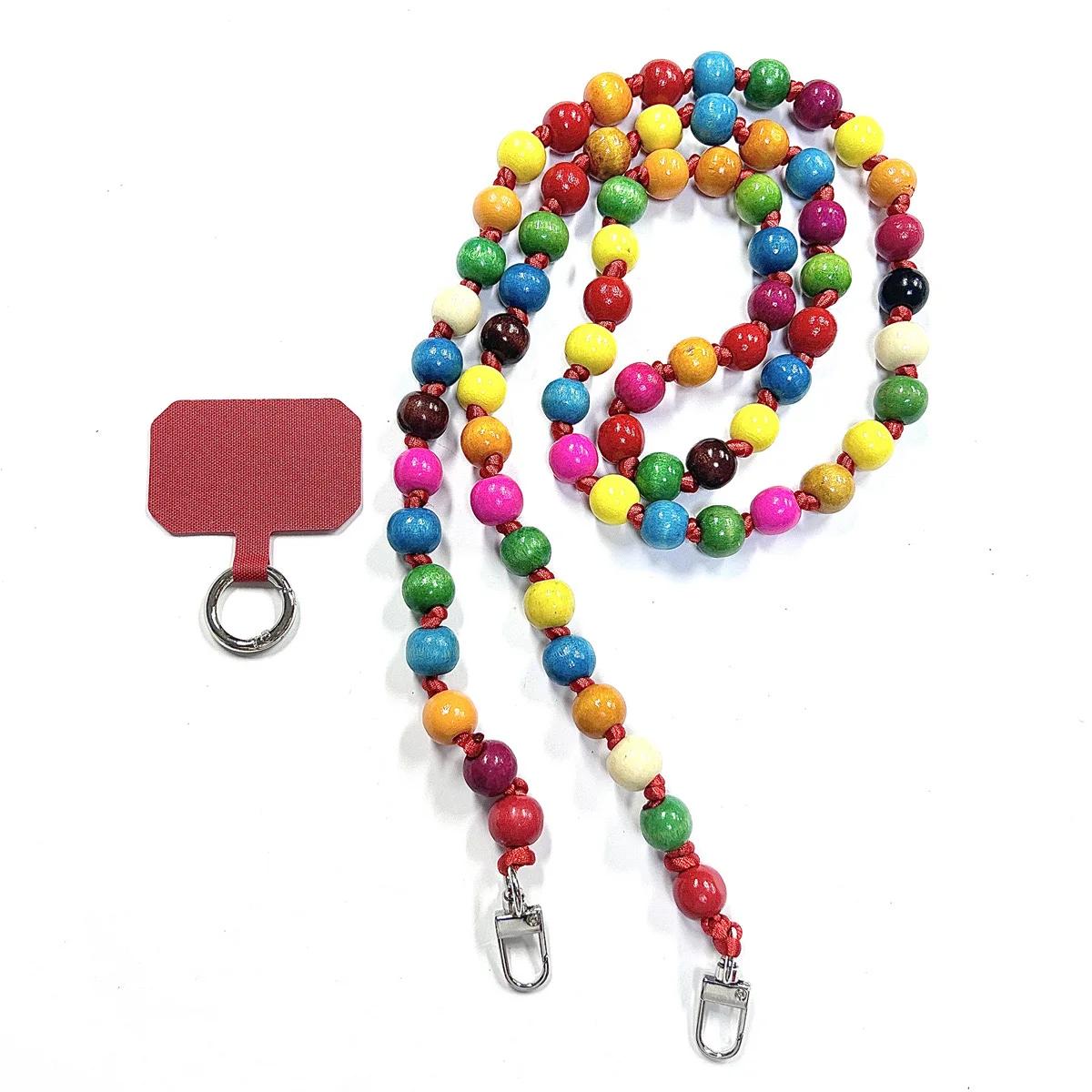 Correia de cordão para celular, contas coloridas de madeira, cordão para celular, bolsa, corrente, alça de celular, acessórios de cabide