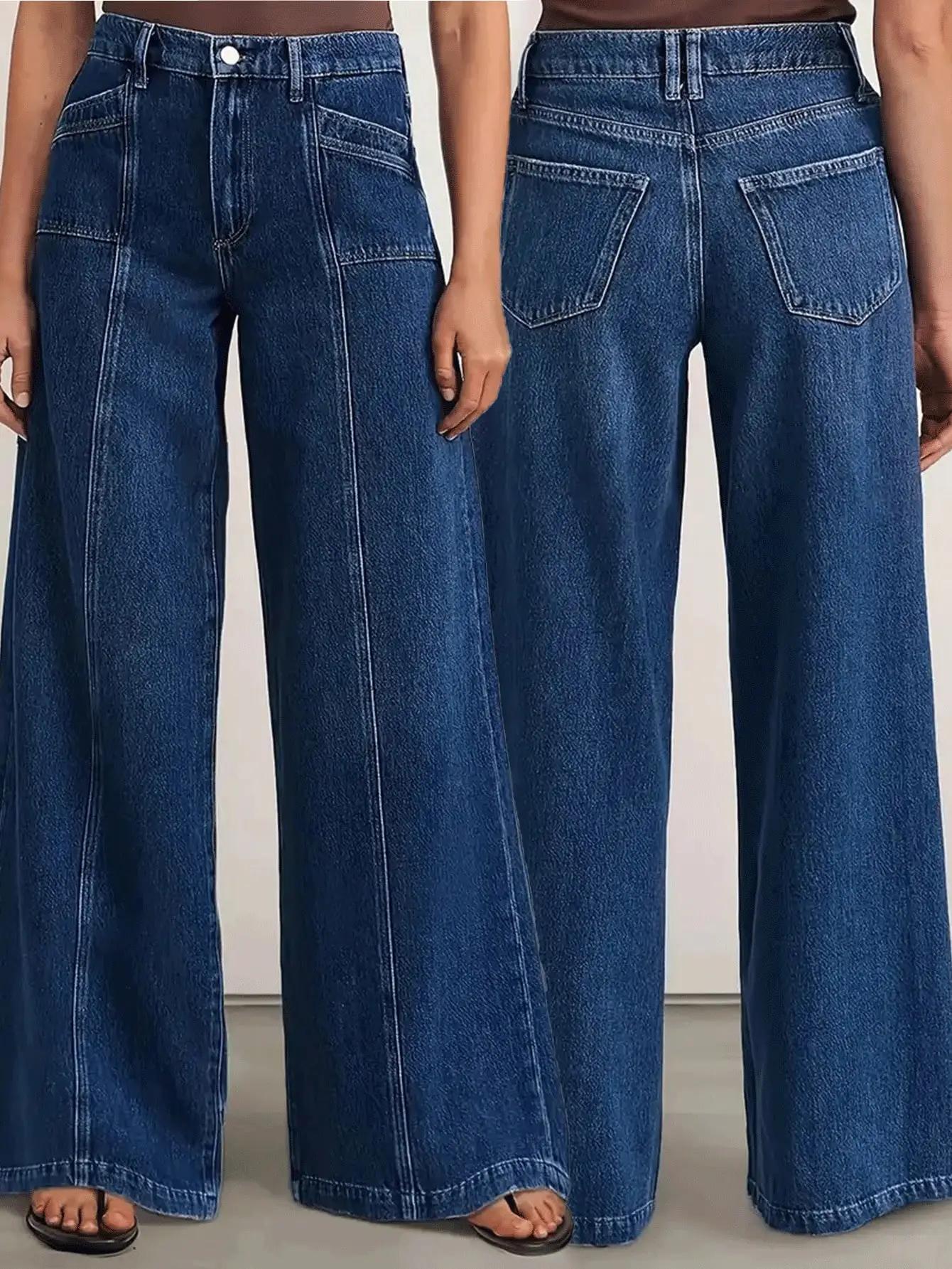 "Jeans femininos de perna larga azul profundo – calças jeans elegantes para conforto e versatilidade