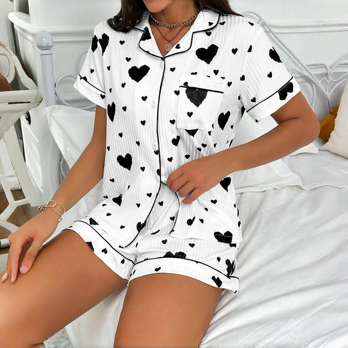 Coração impresso conjunto de pijama casual manga curta botão lapela topo e shorts elásticos pijama feminino respirável macio