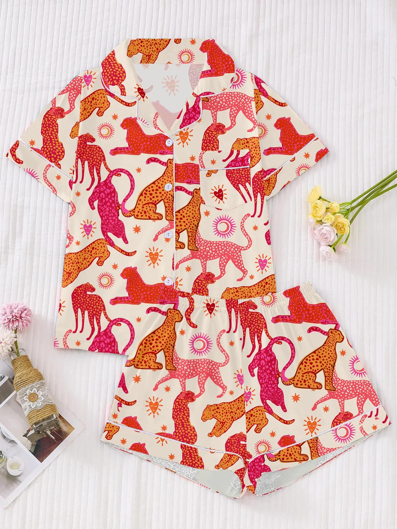 Pijamas Femininos de Tamanho Padrão para Primavera e Verão, Estampados com Animais, Confortáveis e Casuais, com Mangas Curtas e Amarração nas Costas