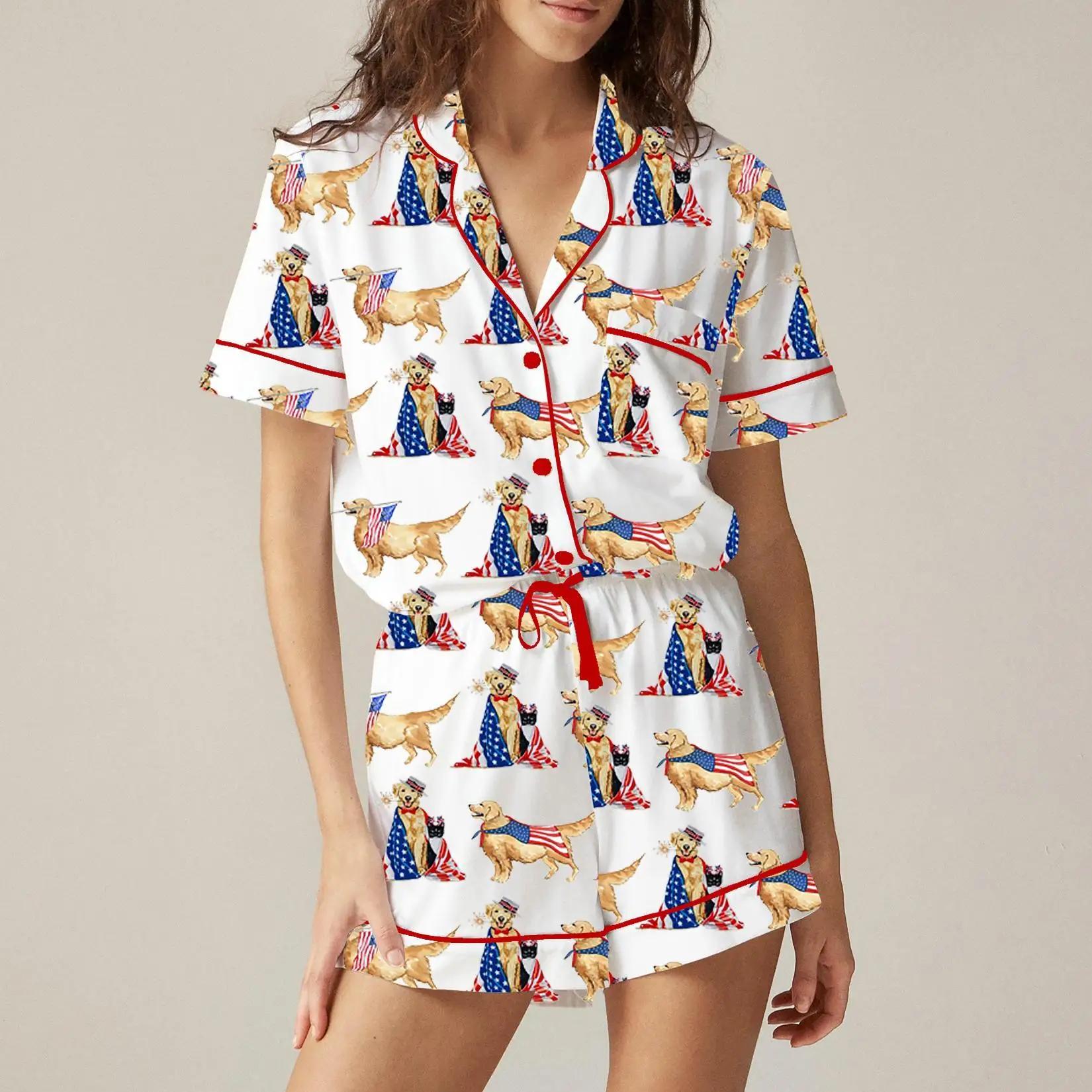 Conjunto de pijama feminino 4 de julho bandeira americana manga curta botão tops shorts de cintura elástica roupa de dormir de 2 peças